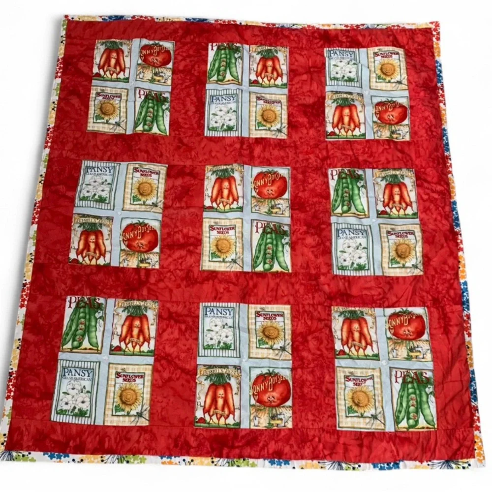Handmade Quilt W/ Vtg J WECKER FRISCH Anthropomorphic Cotton Fabric Veggie
